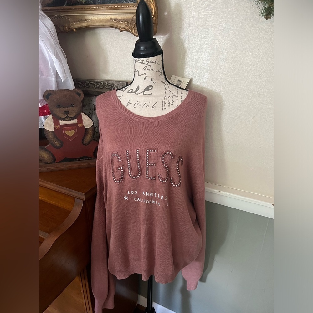 Guess Roasted Chesnut Mauve Bling Logo Estele Sweater L NWT 108.00 Choose Color